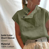 Yeknu Stylish Blouses Summer Women Cotton Linen Short Sleeve Buttons Solid Shirts Casual Loose Tunic Top Light Thin Blusas