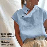 Yeknu Stylish Blouses Summer Women Cotton Linen Short Sleeve Buttons Solid Shirts Casual Loose Tunic Top Light Thin Blusas
