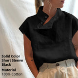 Yeknu Stylish Blouses Summer Women Cotton Linen Short Sleeve Buttons Solid Shirts Casual Loose Tunic Top Light Thin Blusas