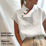 Yeknu Stylish Blouses Summer Women Cotton Linen Short Sleeve Buttons Solid Shirts Casual Loose Tunic Top Light Thin Blusas