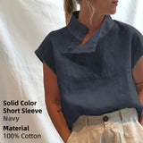 Yeknu Stylish Blouses Summer Women Cotton Linen Short Sleeve Buttons Solid Shirts Casual Loose Tunic Top Light Thin Blusas