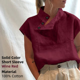 Yeknu Stylish Blouses Summer Women Cotton Linen Short Sleeve Buttons Solid Shirts Casual Loose Tunic Top Light Thin Blusas
