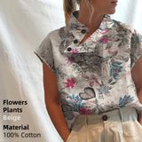 Yeknu Stylish Blouses Summer Women Cotton Linen Short Sleeve Buttons Solid Shirts Casual Loose Tunic Top Light Thin Blusas