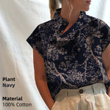 Yeknu Stylish Blouses Summer Women Cotton Linen Short Sleeve Buttons Solid Shirts Casual Loose Tunic Top Light Thin Blusas