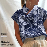 Yeknu Stylish Blouses Summer Women Cotton Linen Short Sleeve Buttons Solid Shirts Casual Loose Tunic Top Light Thin Blusas