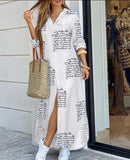 Yeknu Women Shirt Dress Long Sleeve Summer Printed Long Dresses Laides Turn-down Collar Loose Sundress Party White Dress
