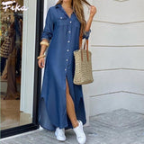 Yeknu Women Shirt Dress Long Sleeve Summer Printed Long Dresses Laides Turn-down Collar Loose Sundress Party White Dress