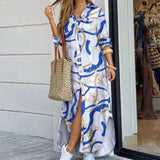 Yeknu Women Shirt Dress Long Sleeve Summer Printed Long Dresses Laides Turn-down Collar Loose Sundress Party White Dress