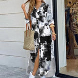 Yeknu Women Shirt Dress Long Sleeve Summer Printed Long Dresses Laides Turn-down Collar Loose Sundress Party White Dress