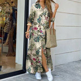 Yeknu Women Shirt Dress Long Sleeve Summer Printed Long Dresses Laides Turn-down Collar Loose Sundress Party White Dress