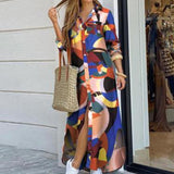 Yeknu Women Shirt Dress Long Sleeve Summer Printed Long Dresses Laides Turn-down Collar Loose Sundress Party White Dress