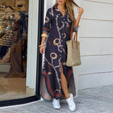 Yeknu Women Shirt Dress Long Sleeve Summer Printed Long Dresses Laides Turn-down Collar Loose Sundress Party White Dress