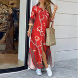 Yeknu Women Shirt Dress Long Sleeve Summer Printed Long Dresses Laides Turn-down Collar Loose Sundress Party White Dress