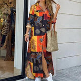 Yeknu Women Shirt Dress Long Sleeve Summer Printed Long Dresses Laides Turn-down Collar Loose Sundress Party White Dress