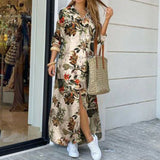 Yeknu Women Shirt Dress Long Sleeve Summer Printed Long Dresses Laides Turn-down Collar Loose Sundress Party White Dress