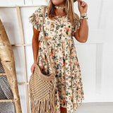 Yeknu Summer Floral Print Dress Bohemian Ruffles Short Sleeve A-Line Dresses Elegant O-Neck Loose Mini Party Dresses Vestidos