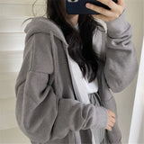 Yeknu Women Korean Version Loose Hoodies Long Sleeve Zip Up Solid Pocket Oversized Sweatshirts Female Thin Harajuku Hooded Coat Top