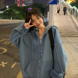 Yeknu Women Korean Version Loose Hoodies Long Sleeve Zip Up Solid Pocket Oversized Sweatshirts Female Thin Harajuku Hooded Coat Top