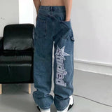 Yeknu Retro Pockets Letter Embroidery Ripped Casual Jeans Men and Women Straight Harajuku Oversize Streetwear Denim Trousers