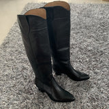 Yeknu Western boots black Leather knee high boots for women pointed toe winter long boots women chunky heels cowboy knight boots