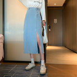 Yeknu Summer Women Korean Style Fashion Long Jeans Midi Loose Skirts Dark Light Blue Split High Waist Denim Vintage Female Fall