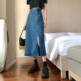 Yeknu Summer Women Korean Style Fashion Long Jeans Midi Loose Skirts Dark Light Blue Split High Waist Denim Vintage Female Fall