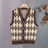 Yeknu Colorfaith New Autumn Winter Women Sweaters V-Neck Sleeveless Oversized Retro Vest Checkered Waistcoat Lady Tops SWV1388JX