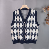 Yeknu Colorfaith New Autumn Winter Women Sweaters V-Neck Sleeveless Oversized Retro Vest Checkered Waistcoat Lady Tops SWV1388JX