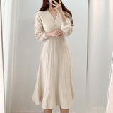 Yeknu Vintage Elegant Knitted Beige Midi Dress New Autumn Long Sleeve Slim Woman Sweater Dresses One-Piece Woman Pleated Dress