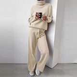 Yeknu 2 Pieces Set Women Knitted Tracksuit Turtleneck Sweater + Wide-Leg Straight Pants Suit Solid Sweater Set Casual Knitted Outwear