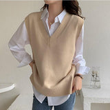 Yeknu Solid V-neck Sleeveless Sweaters Vest + Shirt Two-piece Suit Korean Style Teens Loose Knitwear Sweaters Autumn Winter Slim Suit