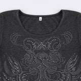Yeknu Y2K Graphic Rhinestone Print Women T Shirt Spring Grunge Aesthetic Fairycore Crop Tops O Neck Long Sleeve Tee Top