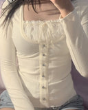 Yeknu Y2K Sweet Cute Crop Top Lace Frill Bow Pullovers Vintage Square Collar T Shirt Women Skin Button Prepply Korean Tees